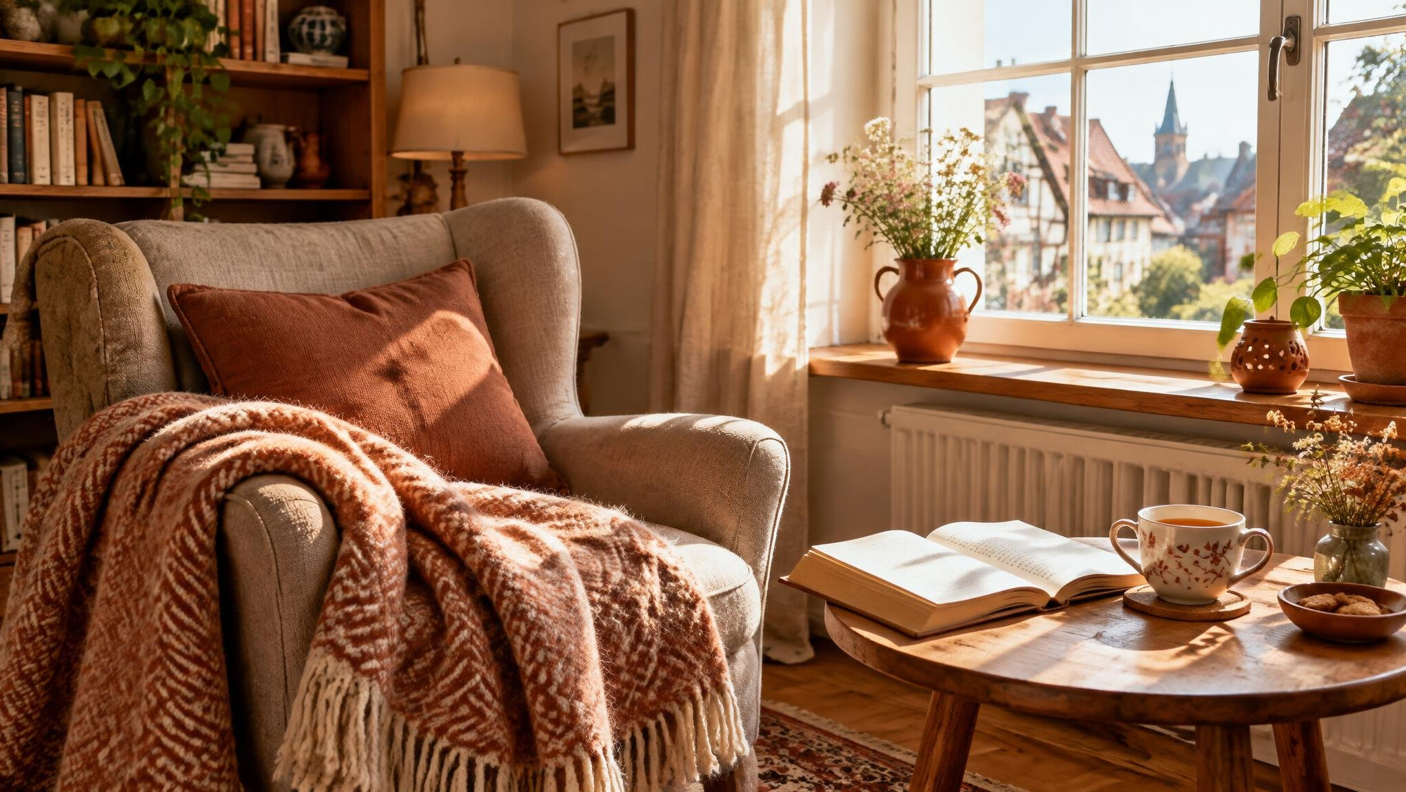 Cozy reading corner with an armchair, open book and cup of tea next to a sunny window